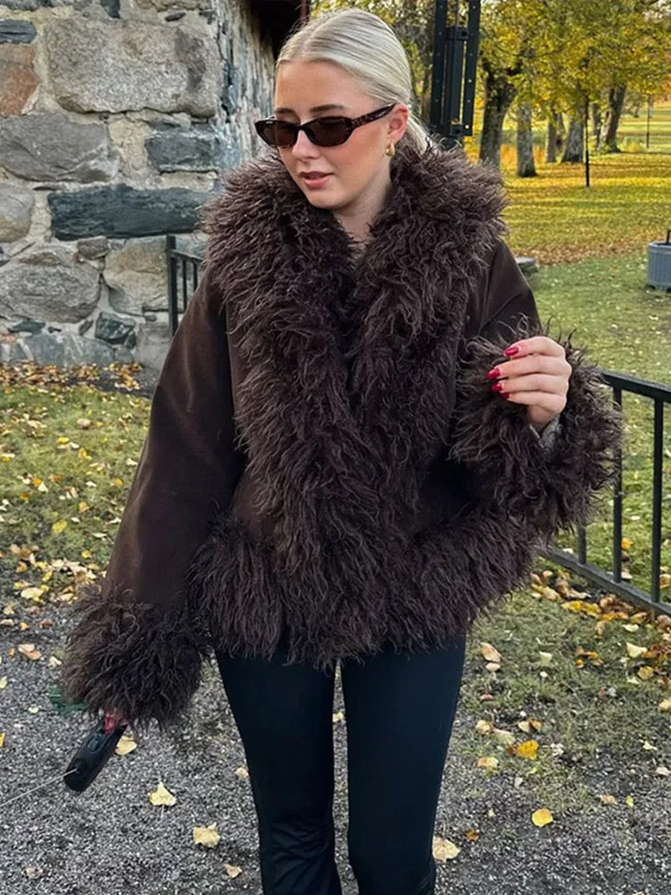 Vintage Faux Fur Coat Patchwork Brown Fringed Coats Women's Niche Design Casual Short Top Elegant Female Overcoat Winter New