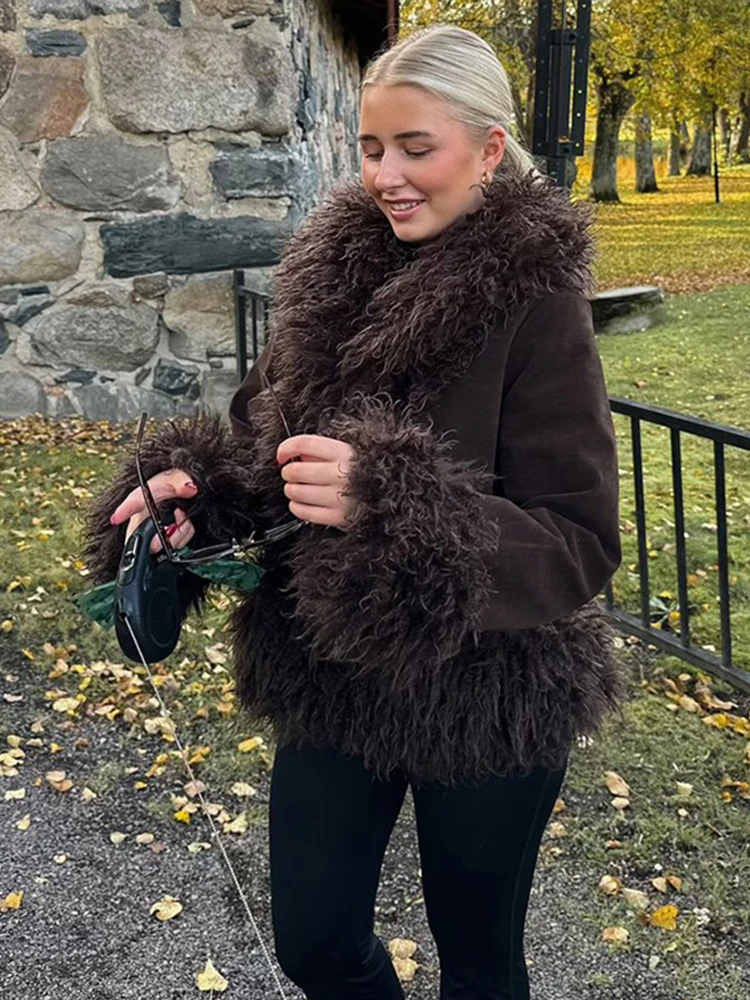 Vintage Faux Fur Coat Patchwork Brown Fringed Coats Women's Niche Design Casual Short Top Elegant Female Overcoat Winter New