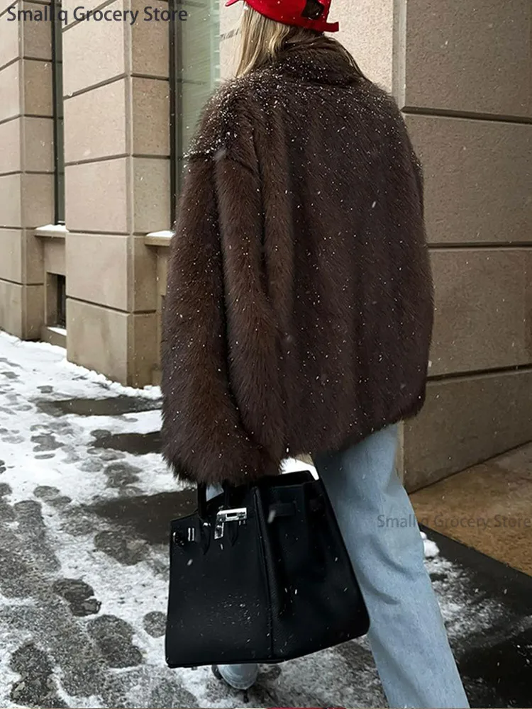 2024 Winter New Fashion Brown Fluffy Fur Coat Women Luxury Big Fur Collar Faux Fox Fur Jacket Female High Street Warm Outwear