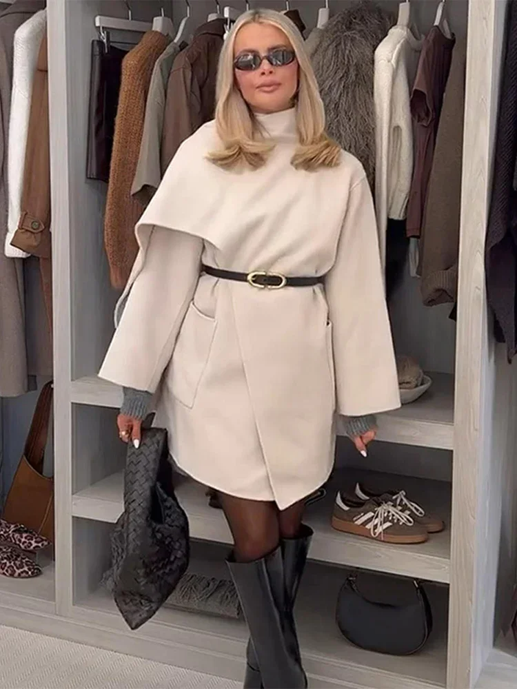 Fashion Scarf Collar Coats For Women 2024 Winter Autumn Loose Long Sleeve Warm Jacket Female Street Chic Office Lady Overcoats