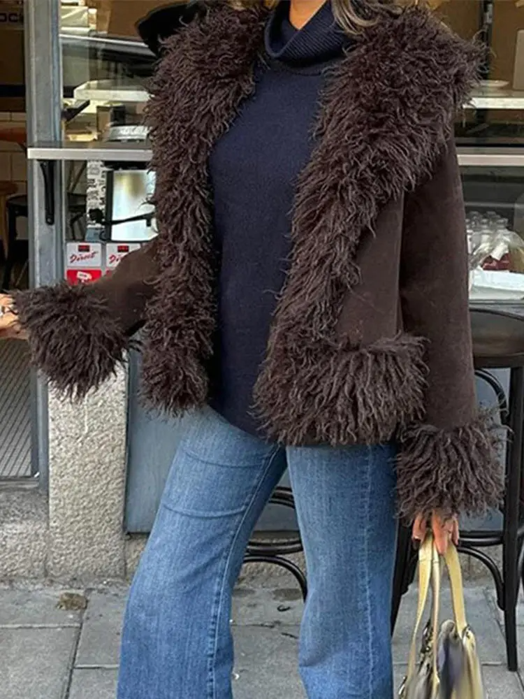 Vintage Faux Fur Coat Patchwork Brown Fringed Coats Women's Niche Design Casual Short Top Elegant Female Overcoat Winter New