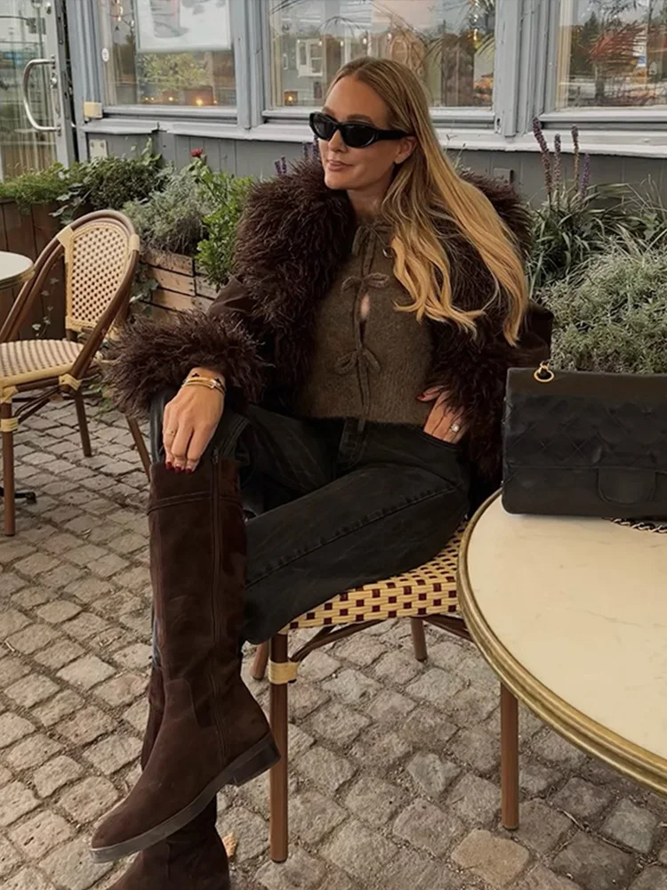 Vintage Faux Fur Coat Patchwork Brown Fringed Coats Women's Niche Design Casual Short Top Elegant Female Overcoat Winter New