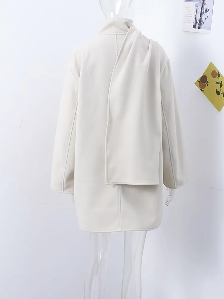 Fashion Scarf Collar Coats For Women 2024 Winter Autumn Loose Long Sleeve Warm Jacket Female Street Chic Office Lady Overcoats
