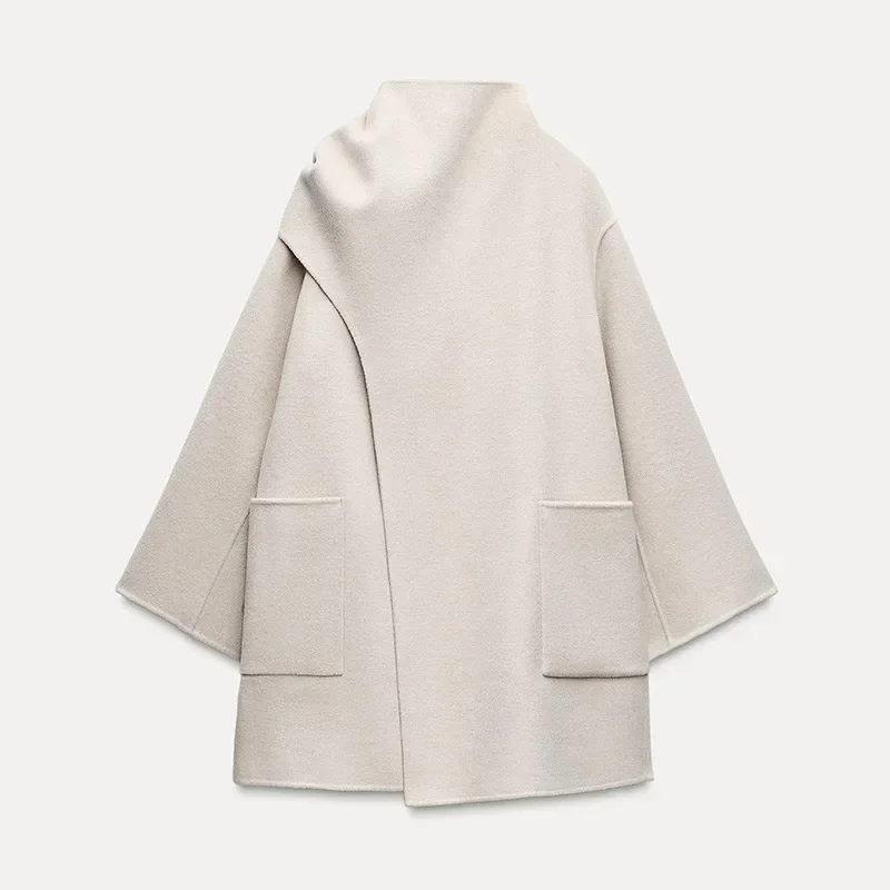 Fashion Scarf Collar Coats For Women 2024 Winter Autumn Loose Long Sleeve Warm Jacket Female Street Chic Office Lady Overcoats