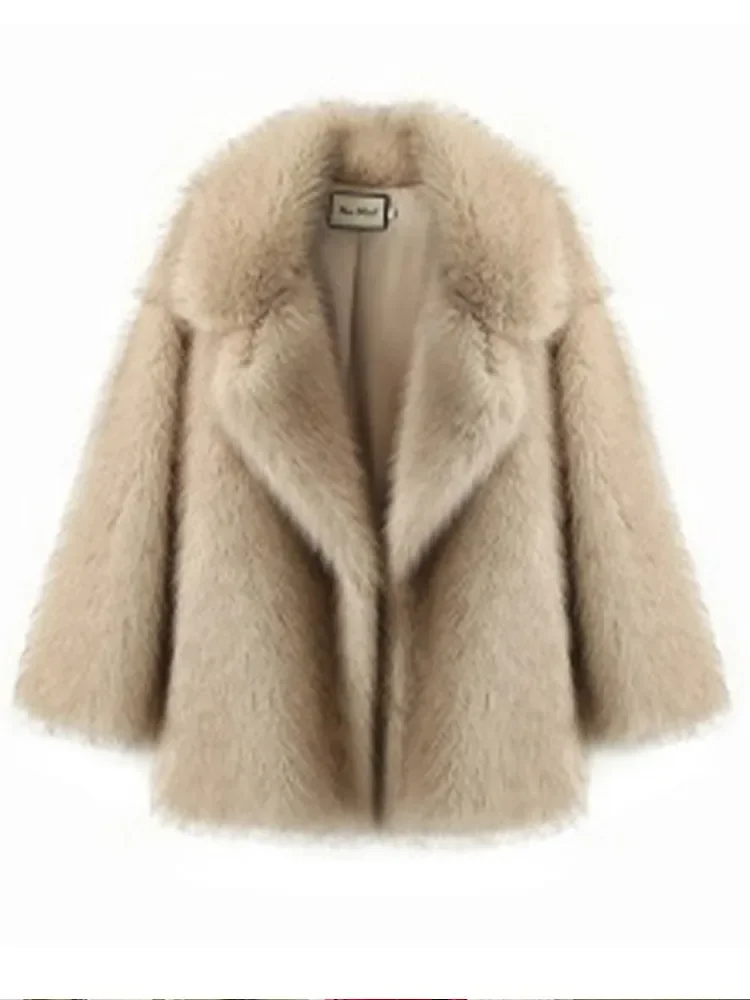 2024 Winter New Fashion Brown Fluffy Fur Coat Women Luxury Big Fur Collar Faux Fox Fur Jacket Female High Street Warm Outwear