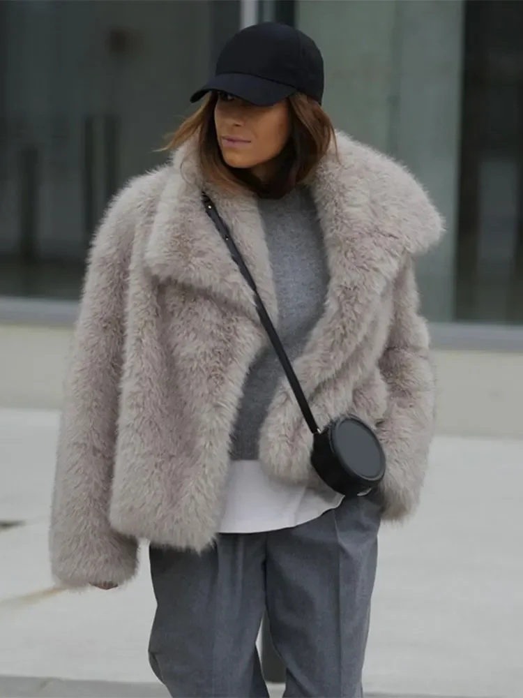 2024 Winter New Fashion Brown Fluffy Fur Coat Women Luxury Big Fur Collar Faux Fox Fur Jacket Female High Street Warm Outwear
